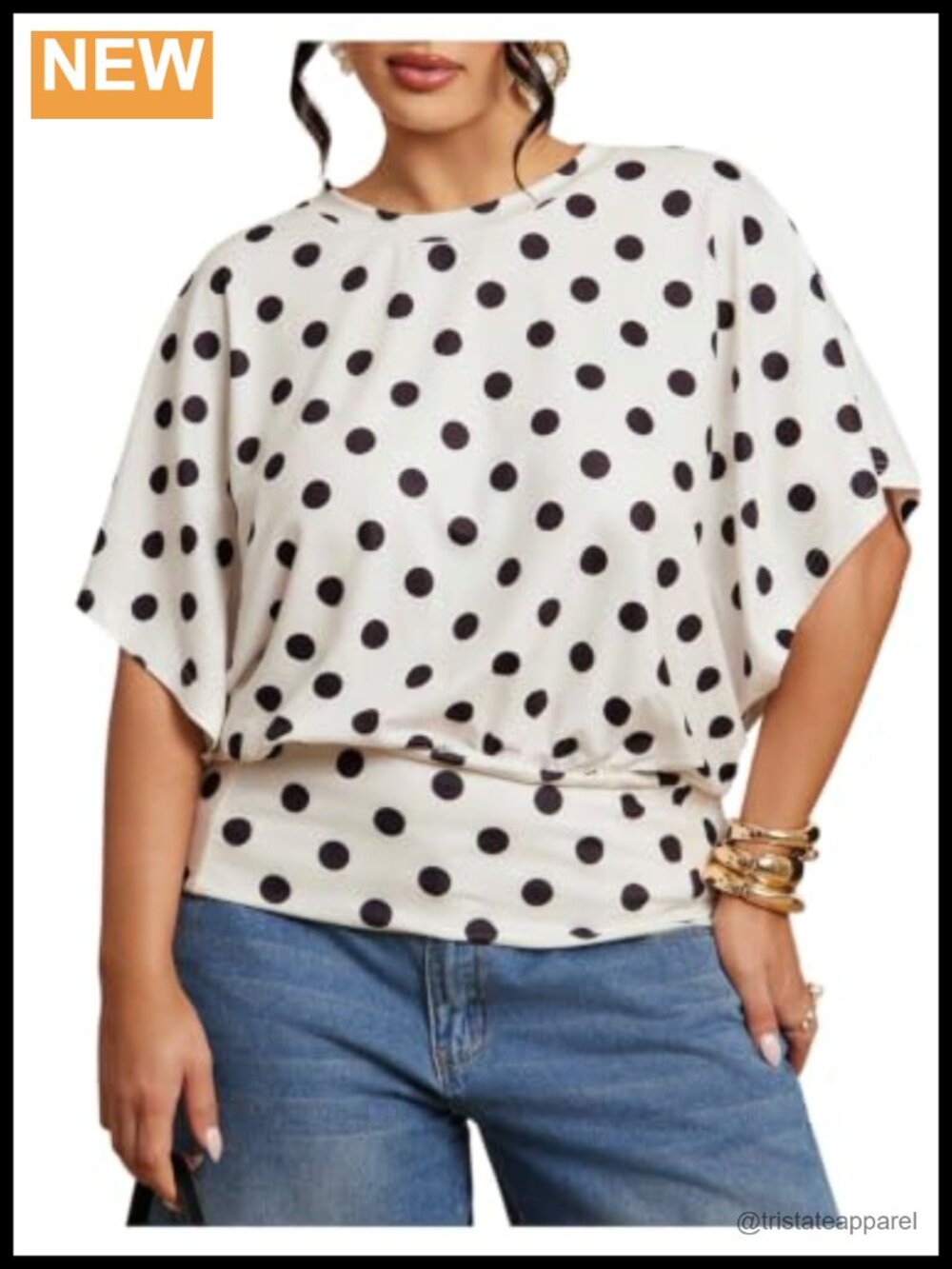 Plus Size Polka Dot Blouse Cinched Waist Dolman Sleeve Top